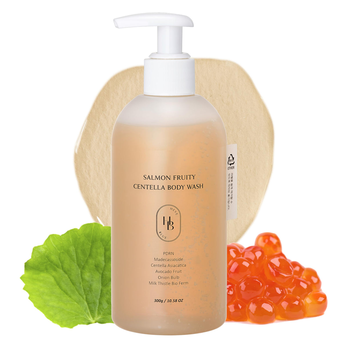HEVEBLUE Salmon Fruity Centella Body Wash bottle for gentle cleansing on sensitive skin.