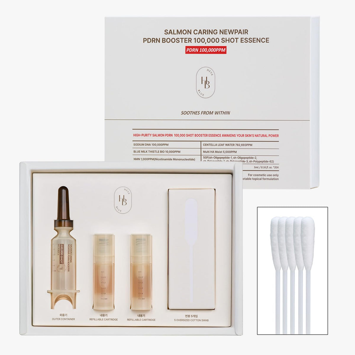 HEVEBLUE Salmon PDRN 100000 Shot Essence bottle highlights potent booster for gentle care.