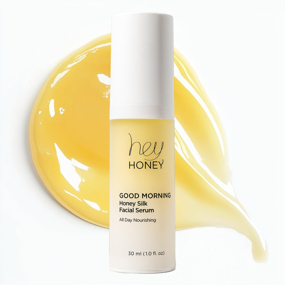 Hey Honey Good Morning Honey Serum bottle shown with a radiant hydration boost for glow.