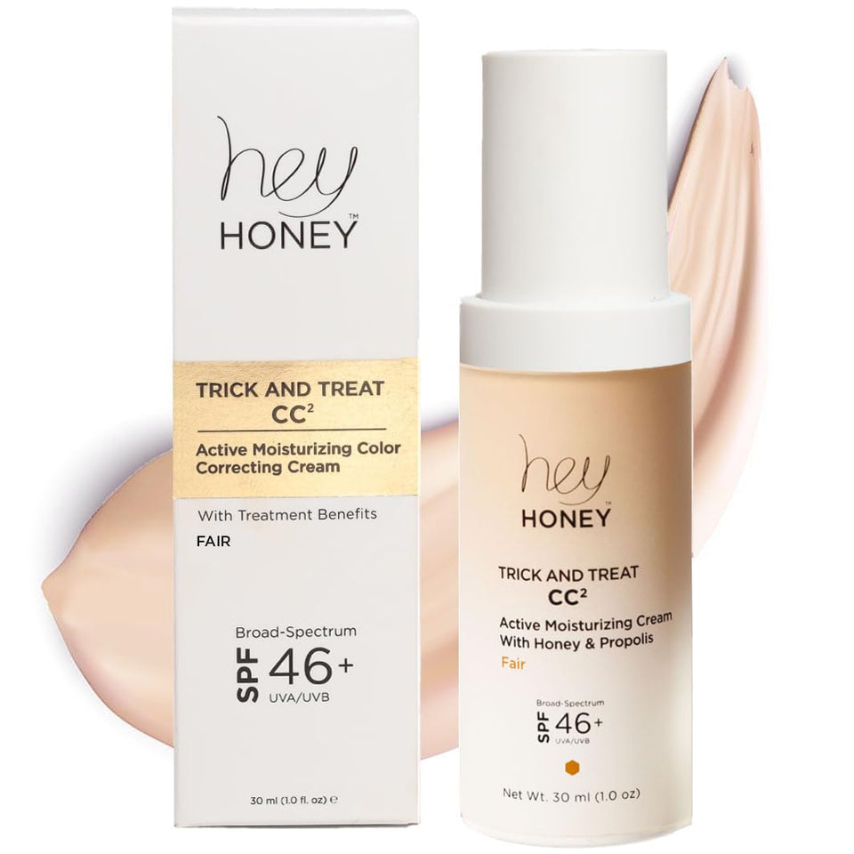 Hey Honey Trick and Treat CC² Cream bottle with pump showing easy application and shade matching.