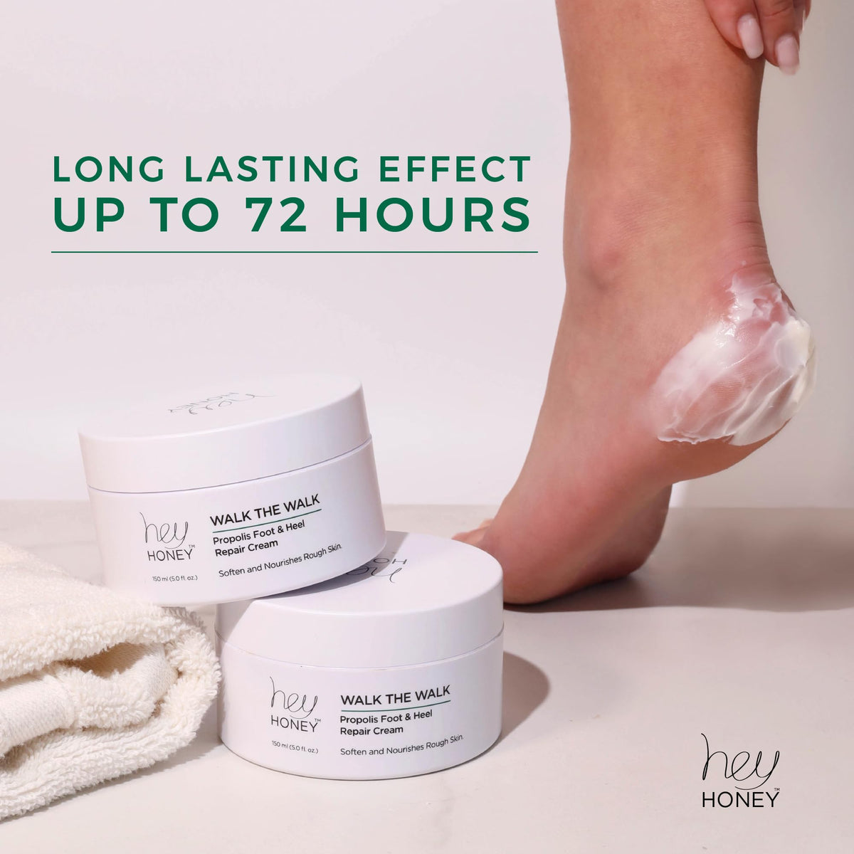 Hey Honey Walk the Walk Propolis Foot Cream applied to heel softens cracked skin.