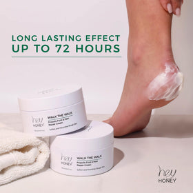 Hey Honey Walk the Walk Propolis Foot Cream applied to heel softens cracked skin.