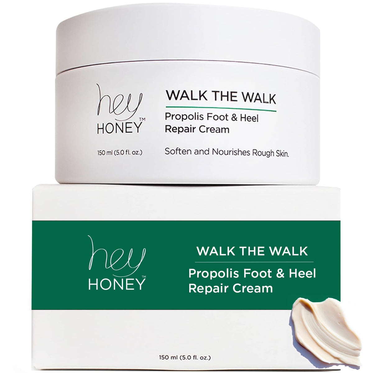 Hey Honey Walk the Walk Propolis Foot Cream jar on shelf hydrates dry feet.