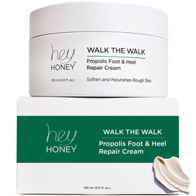 Hey Honey Walk the Walk Propolis Foot Cream jar on shelf hydrates dry feet.