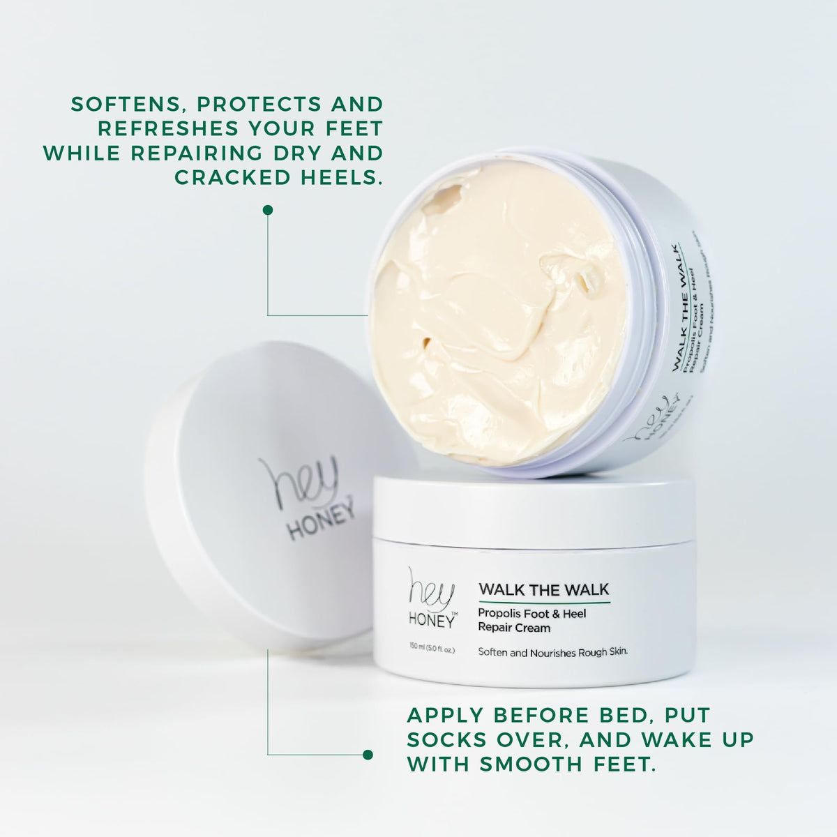 Hey Honey Walk the Walk Propolis Foot Cream on feet in sandals promotes smooth, non-greasy hydration.