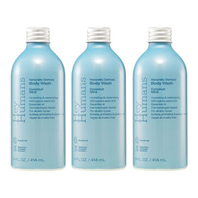 Hey Humans Coconut Mint Body Wash 3-pack bottle displays refreshing vegan cleansing in a recyclable bottle.