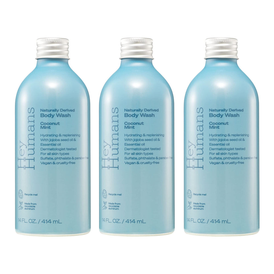 Hey Humans Coconut Mint Body Wash 3-pack bottle displays refreshing vegan cleansing in a recyclable bottle.