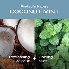 Hey Humans Coconut Mint Body Wash label closeup emphasizes natural ingredients and clean formula.
