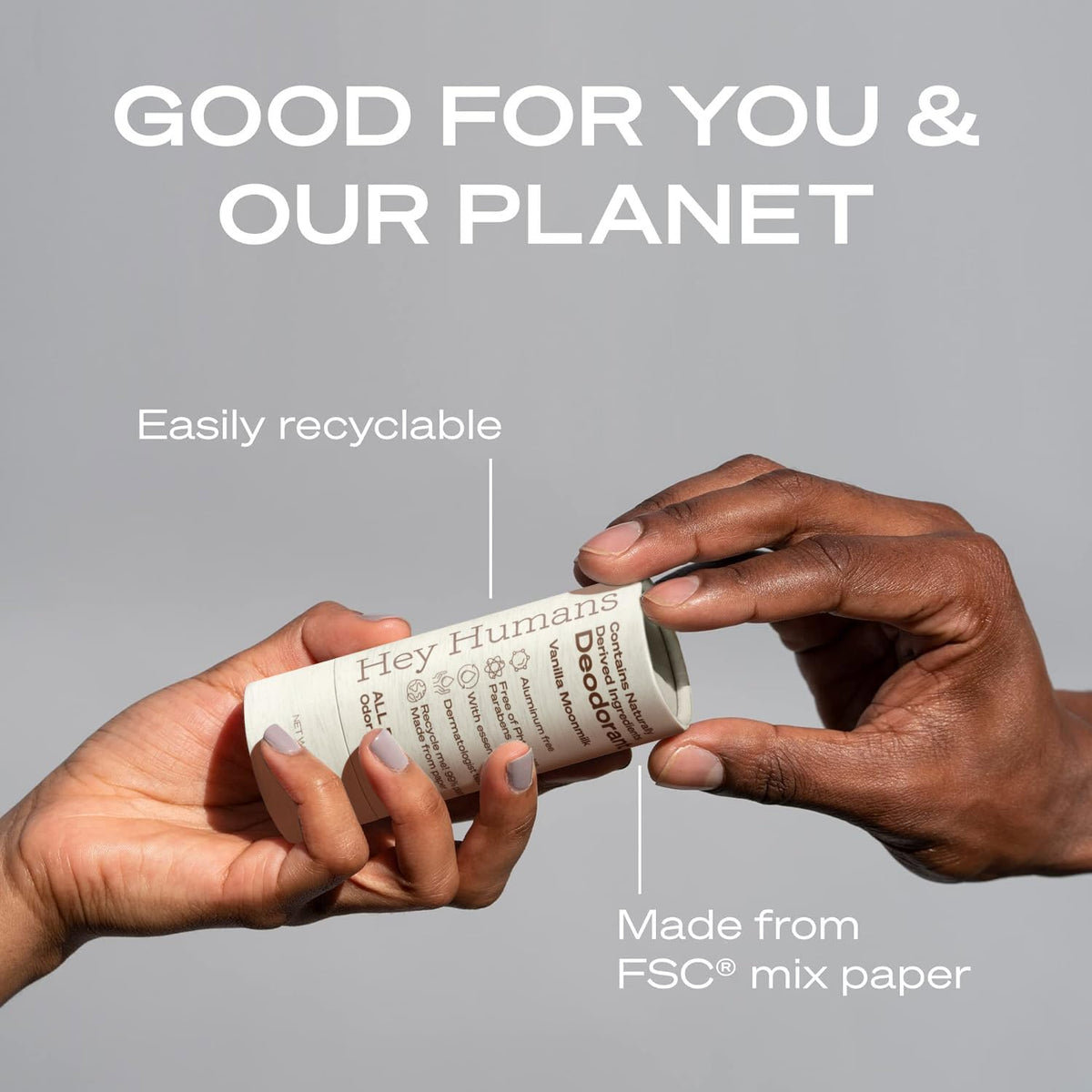 Hey Humans cruelty-free vegan logo on packaging emphasizes ethical deodorant choice.