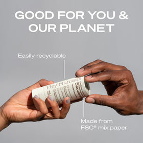 Hey Humans cruelty-free vegan logo on packaging emphasizes ethical deodorant choice.
