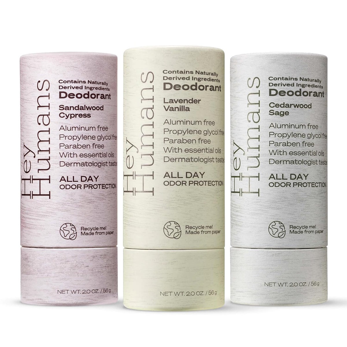Hey Humans deodorant bottle closeup showing aluminum-free formula and long-lasting freshness