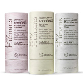 Hey Humans deodorant bottle closeup showing aluminum-free formula and long-lasting freshness