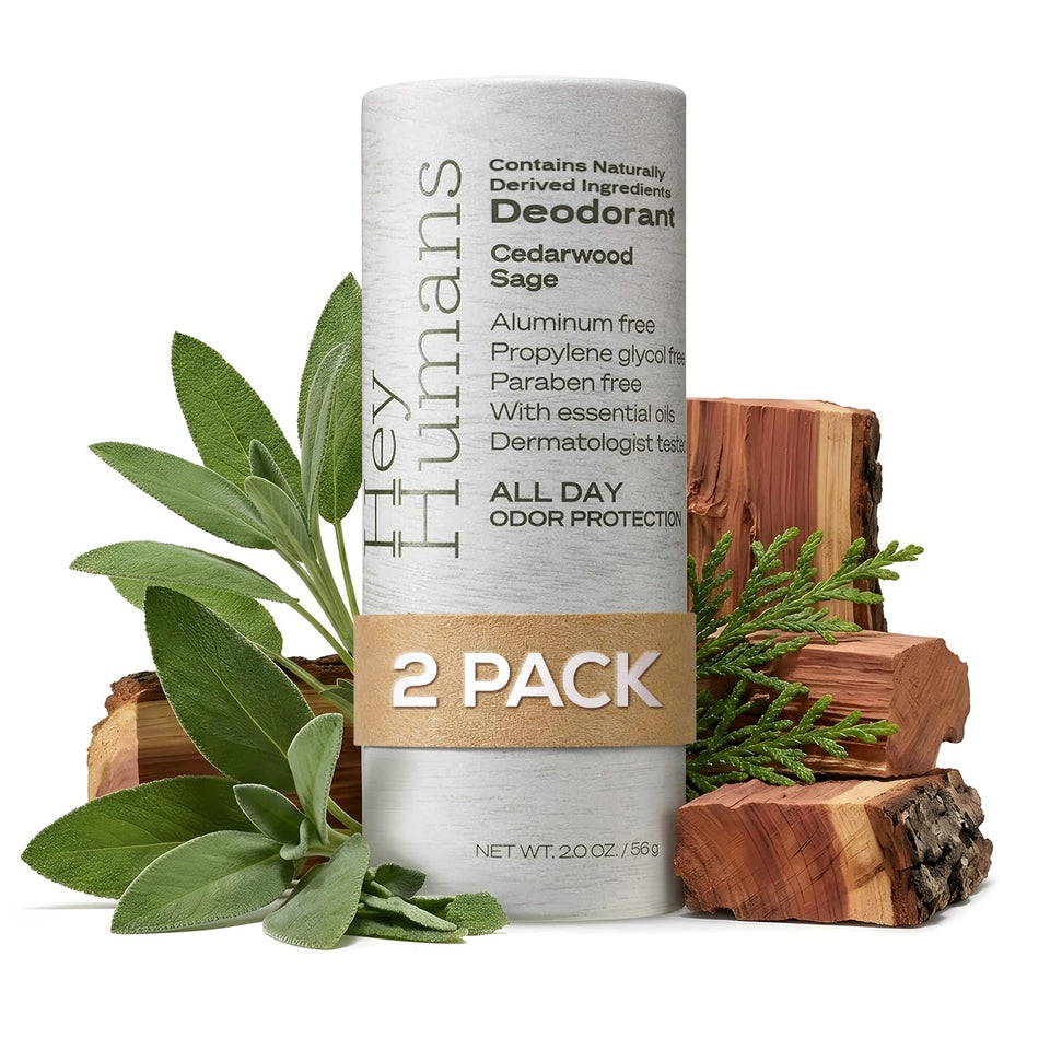 Hey Humans Cedarwood Sage deodorant bottle front view with all-natural formula