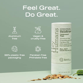 Hey Humans Cedarwood Sage ingredients close-up highlighting vegan, cruelty-free components for everyday freshness