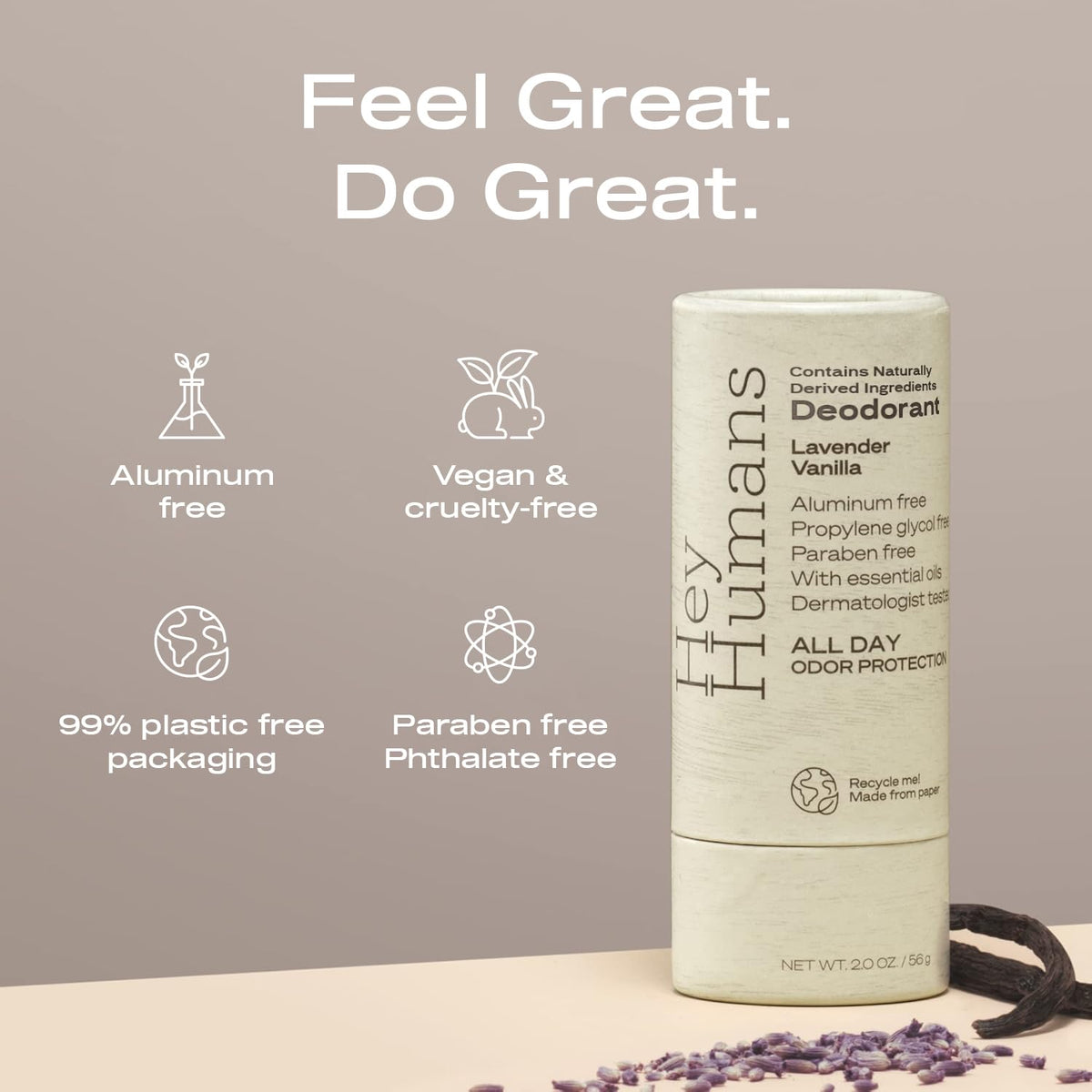 Hey Humans deodorant lavender vanilla twist-up application for easy on-the-go odor control.