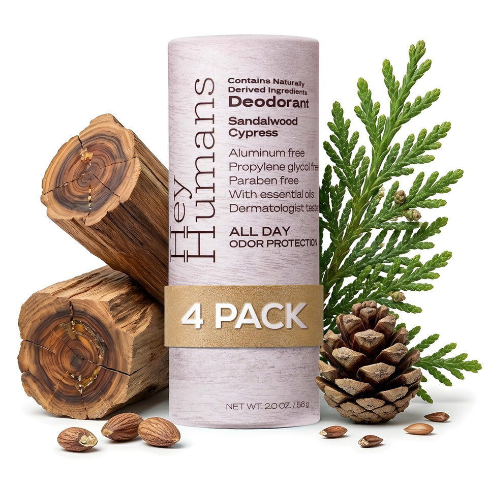 Hey Humans deodorant bottle with sandalwood-cypress scent for all-day freshness