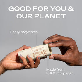 Hey Humans deodorant Sandalwood Cypress ingredients closeup highlights vitamin E and shea butter for skin nourishment.