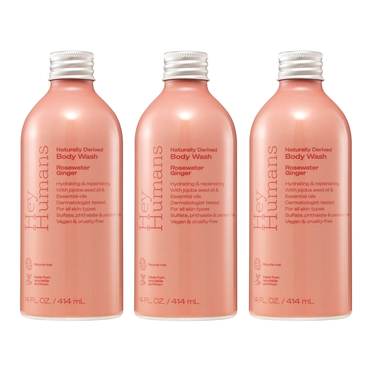 Hey Humans rosewater ginger bottle shows a natural vegan body wash for daily cleansing.
