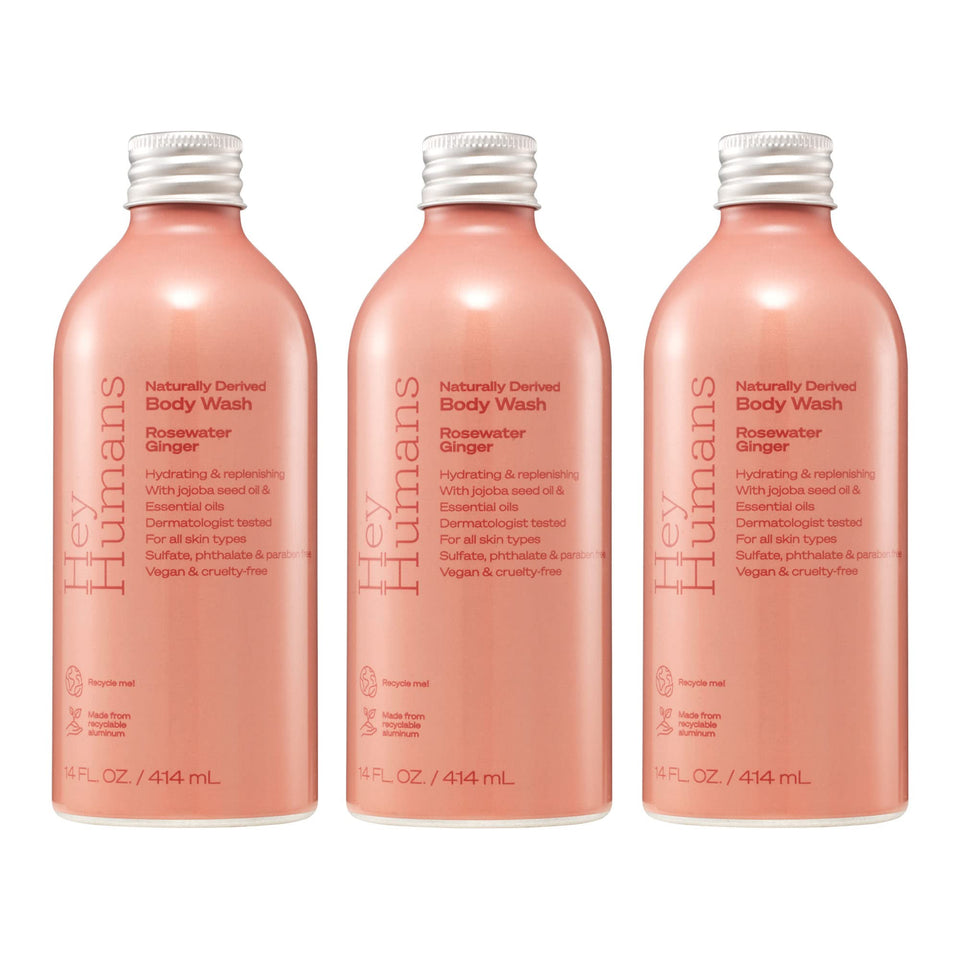 Hey Humans rosewater ginger bottle shows a natural vegan body wash for daily cleansing.