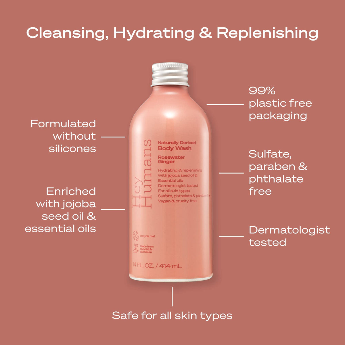 Hey Humans rosewater ginger lather closeup emphasizes soothing scent and gentle formula.