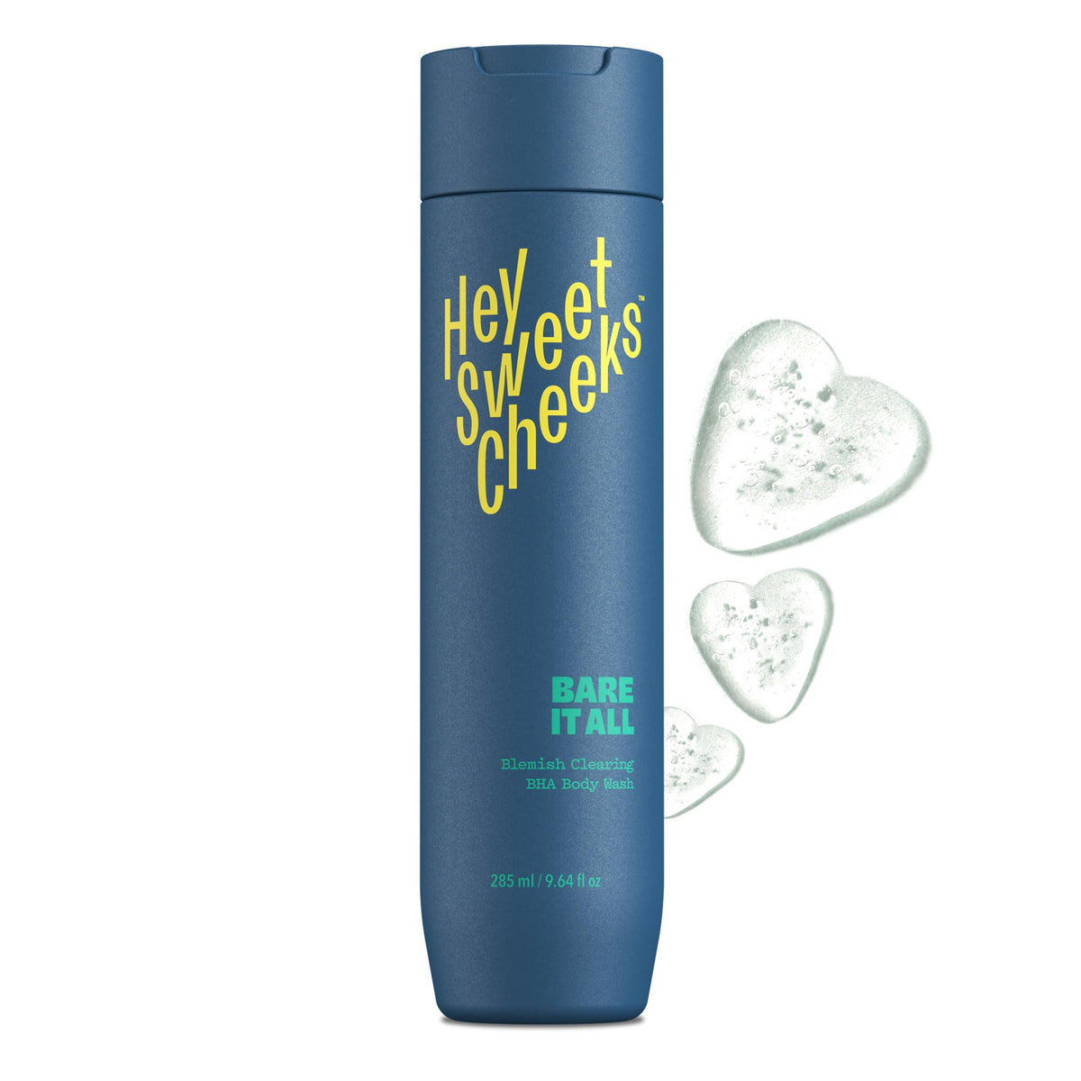 Hey Sweet Cheeks Bare It All BHA Body Wash bottle targeting bacne for clearer-looking skin.