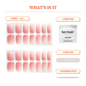 Heyhae 28-strip package with prep pad and file supports complete manicure.