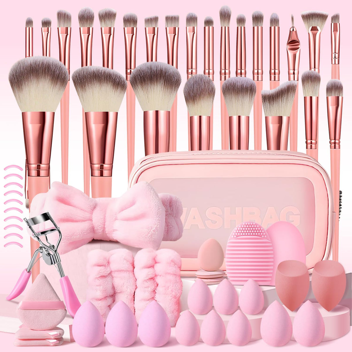 HGHDBT 61Pcs pink makeup brush set with case for organized travel and on-the-go routines