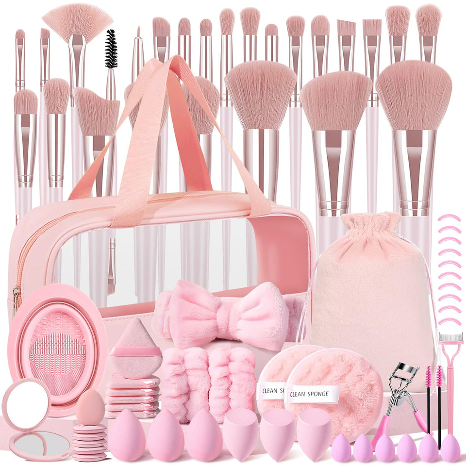 HGHDBT pink makeup brush set with case for portable, complete beauty grooming