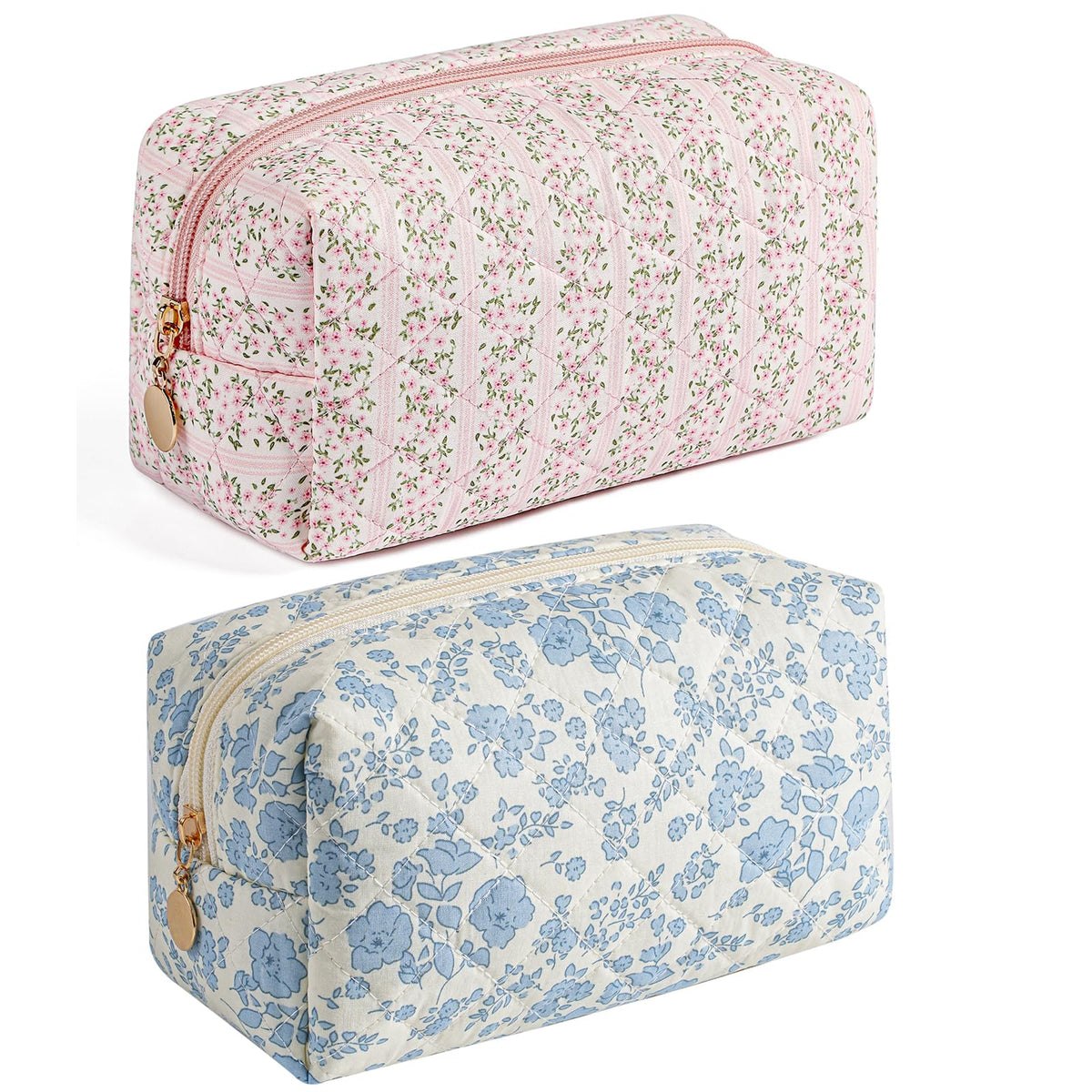 HHQQWZ makeup travel bag pink-blue floral with zipper for cosmetics