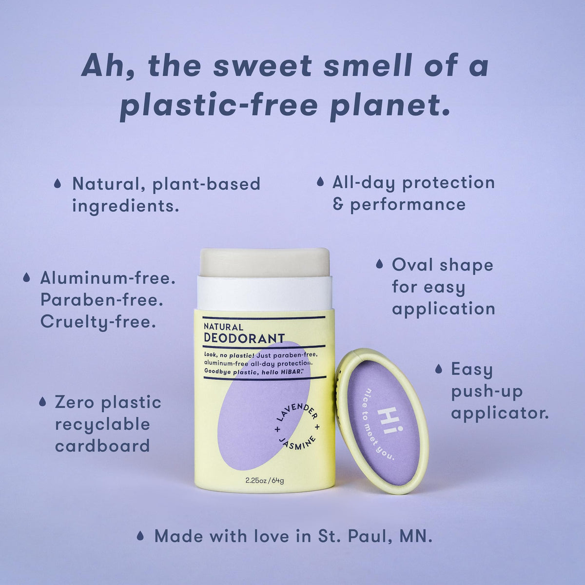 HiBAR plastic-free deodorant packaging with recycling symbol for sustainable choice.