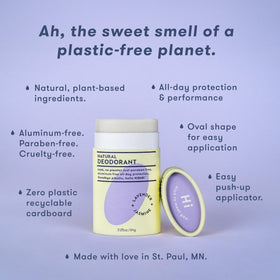 HiBAR plastic-free deodorant packaging with recycling symbol for sustainable choice.