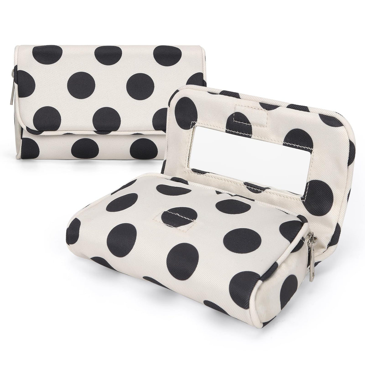 Hibilog women's makeup bag with built-in mirror for quick touch-ups on the go.