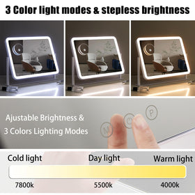 HIEEY vanity mirror displaying three color lighting modes for day, cool, and warm tones