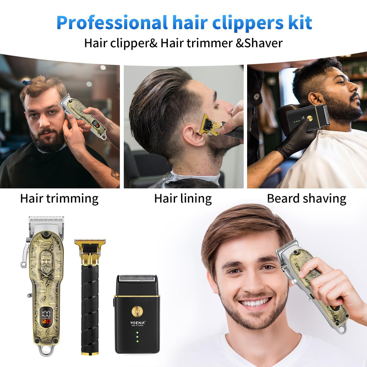 Hiena Pro Barber Clipper Set eight limit combs for versatile hair lengths.