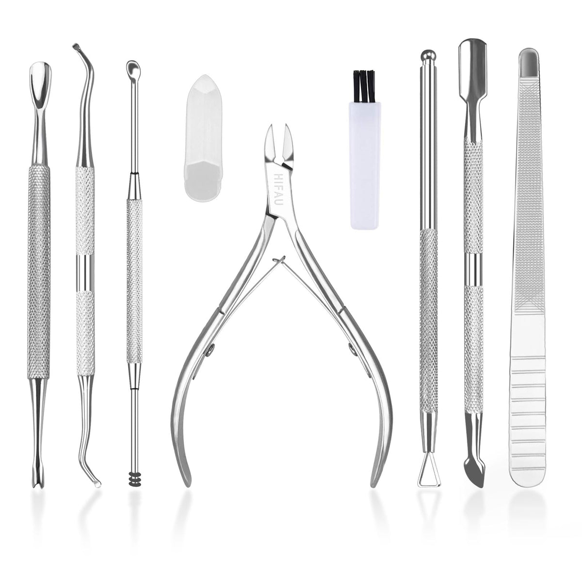 HIFAU professional cuticle nippers kit with eight tools for complete nail care.