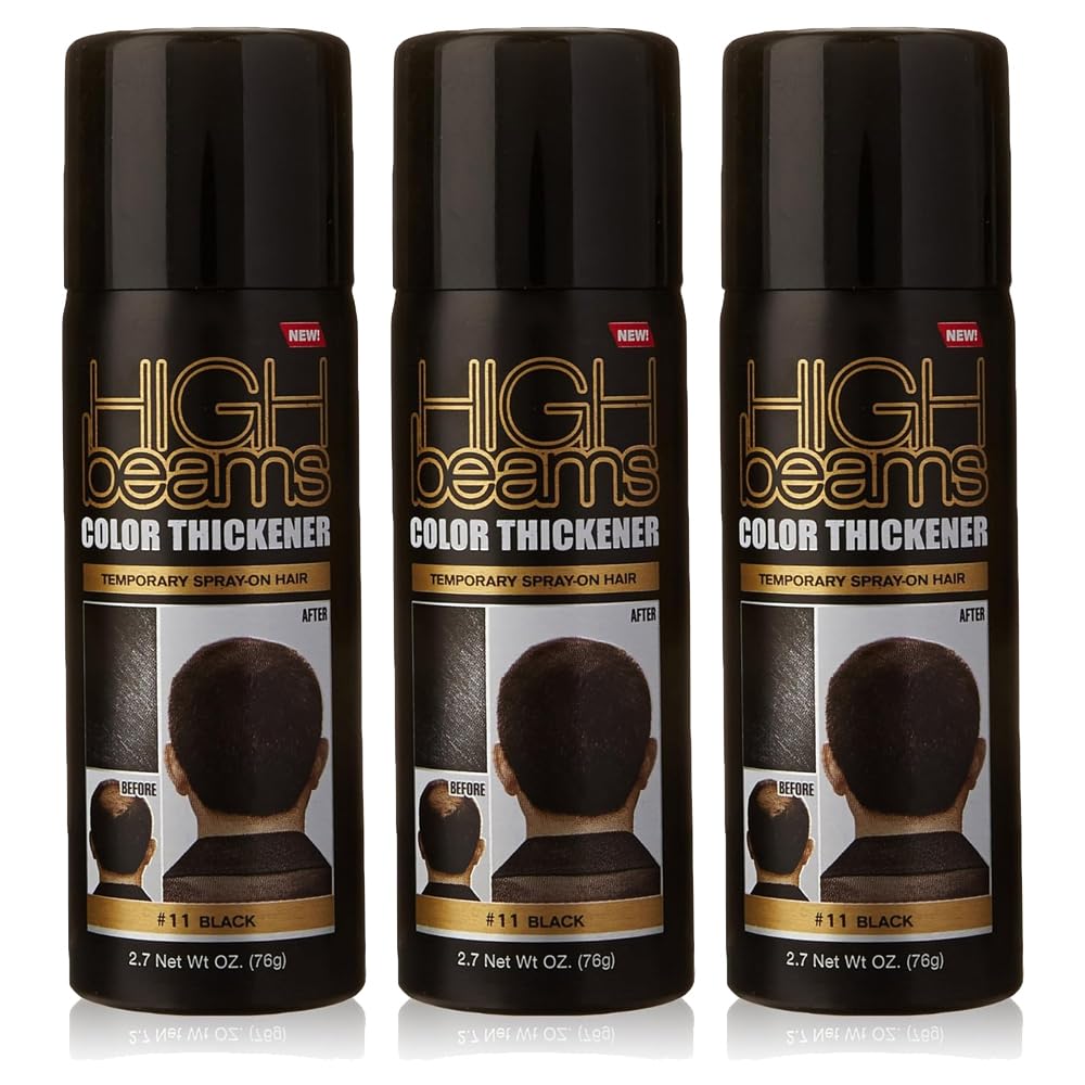 High Beams Color Thickener bottle shows black spray for temporary hair thickening.