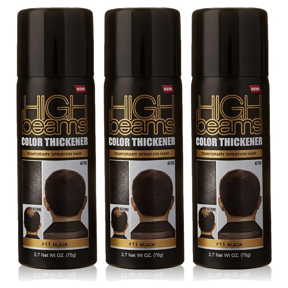High Beams Color Thickener bottle shows black spray for temporary hair thickening.