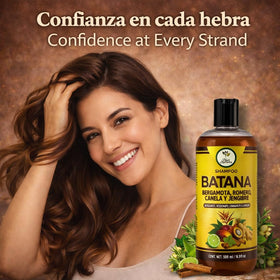 HIGH SUPREME Batana Oil Shampoo bottle side reveals salt-free, paraben-free formula for sensitive scalps.