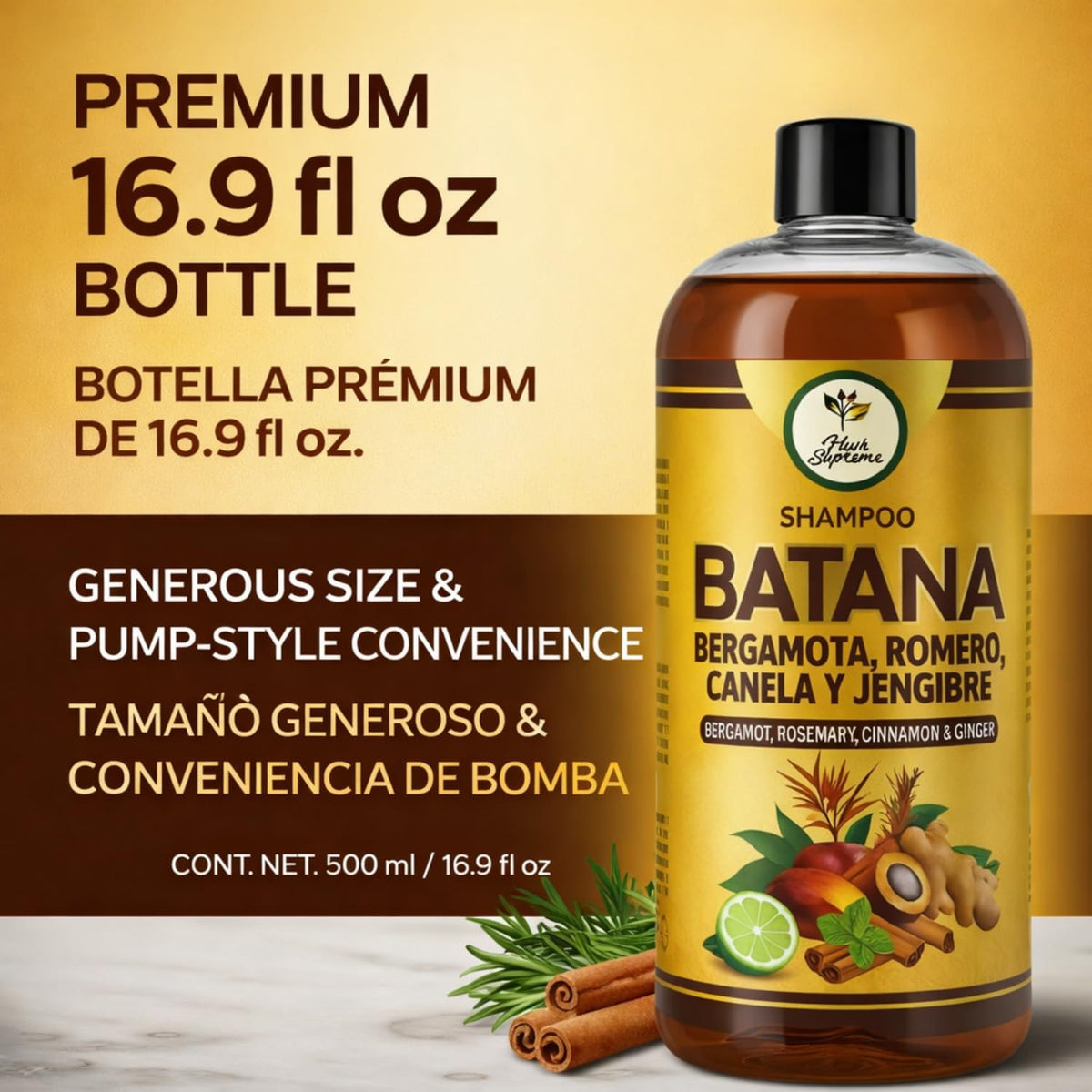HIGH SUPREME Batana Oil Shampoo salt-free-paraben-free icons communicate clean formulas.