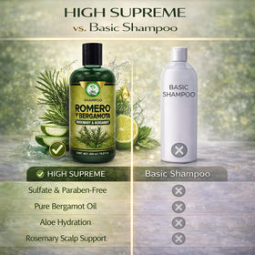 HIGH SUPREME Hair shine detail capturing healthy luster from rosemary and bergamot blend.