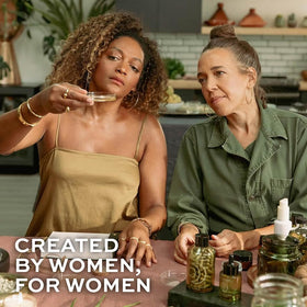 Botanical oils and probiotics visuals reflect Highbrow Hippie formula benefits.
