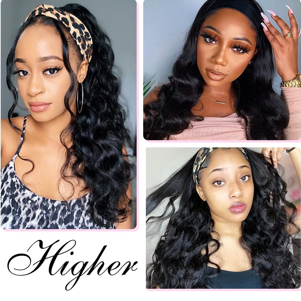 Higher Body Wave Headband Wig 18in close-up texture highlights soft Brazilian virgin hair.
