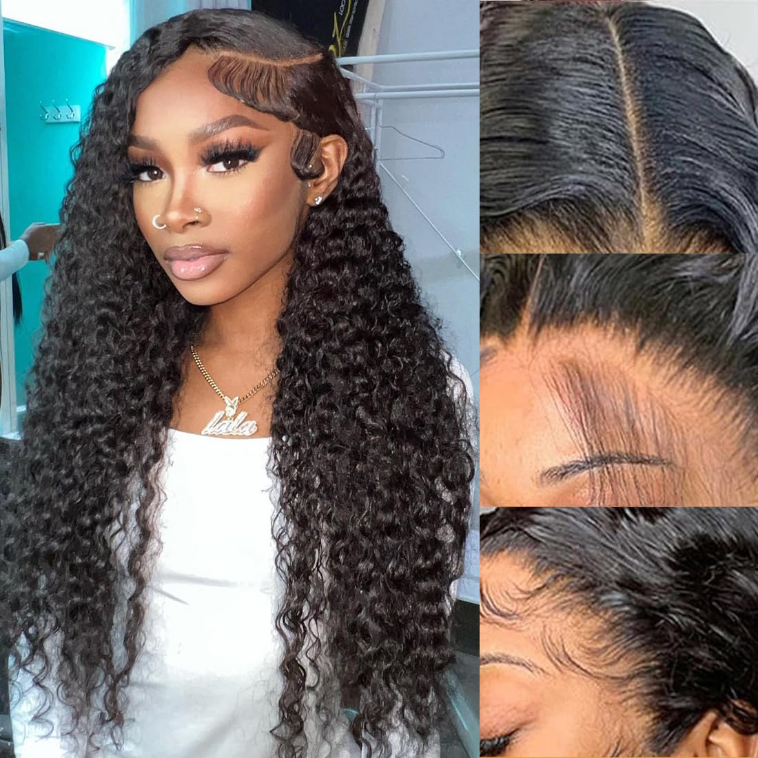 Higher HD lace frontal deep wave natural hairline close-up with pre-plucked baby hair.
