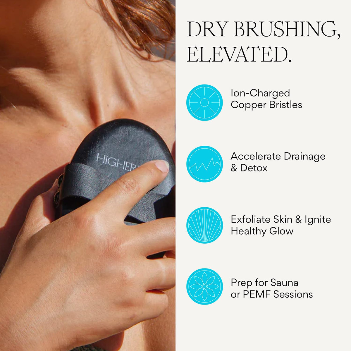 HigherDOSE Copper Dry Brush close-up shows ion-charged bristles for gentle exfoliation.