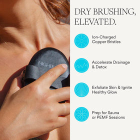 HigherDOSE Copper Dry Brush close-up shows ion-charged bristles for gentle exfoliation.