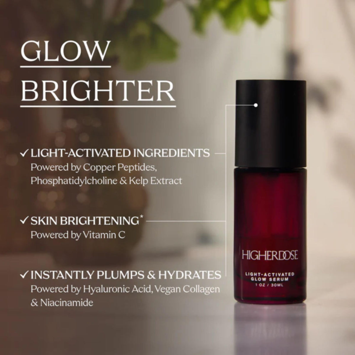 HigherDOSE Glow Serum bottle beside coconut water for refreshment