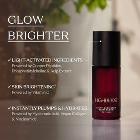 HigherDOSE Glow Serum bottle beside coconut water for refreshment