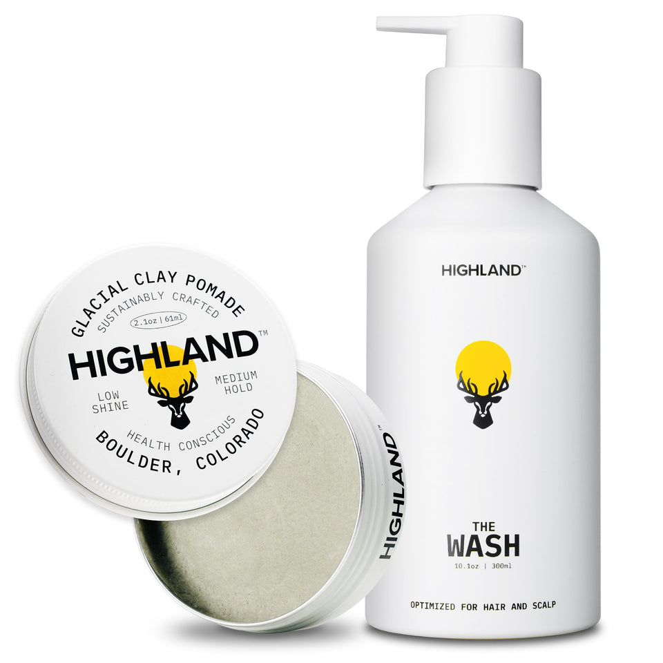 Highland Glacial Clay Pomade bottle showing natural hold and matte finish
