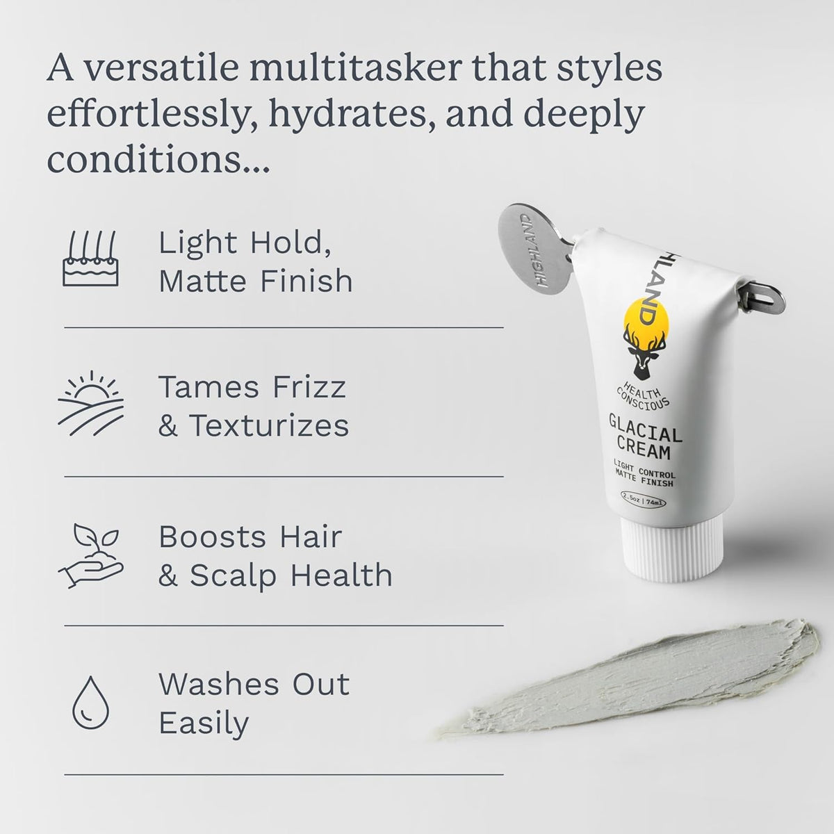 Highland Glacial Cream highlights Canadian glacial clay for frizz control without stiffness.