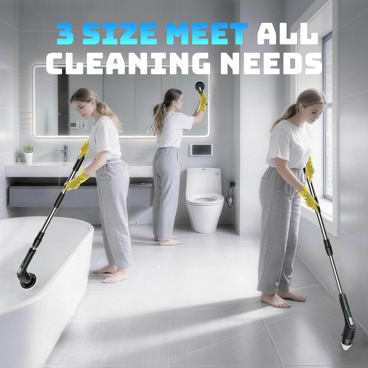 Highyes electric spin scrubber cleans bathroom tiles with efficient scrubbing power.